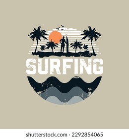 Vektorgrafik zum Thema Surfen und Surfen. Vintage-Design. brüchiger Hintergrund. Stempeltypografie, T-Shirt-Grafik, Druck, Poster, Banner, Flyer, Postkarte