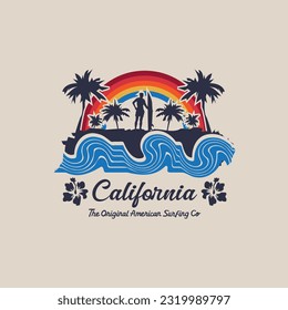 Vector illustration on the theme of surf and surfing in California. Typography, t-shirt graphics, print, poster, banner, flyer, postcard