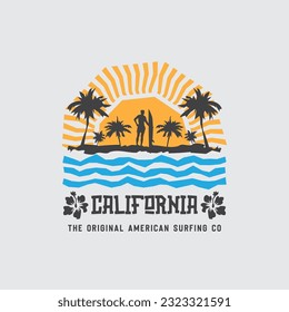 Vector illustration on the theme of surf and surfing in California. Typography, t-shirt graphics, print, poster, banner, flyer, postcard