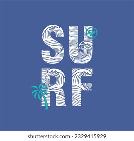 Vector illustration on the theme of surf and surfing in Hawaii. Grunge background. Typography, t-shirt graphics, print, poster, banner, flyer, postcard