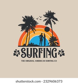Vector illustration on the theme of surf and surfing. Typography, t-shirt graphics, print, poster, banner, flyer, postcard