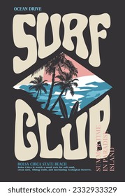 Vector illustration on the theme of surf. Vintage design. Typography, t-shirt graphics