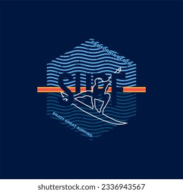Vector illustration on the theme of surf rider and surfing in Hawaii. Grunge background. Typography, t-shirt graphics, print, poster, banner, flyer, postcard