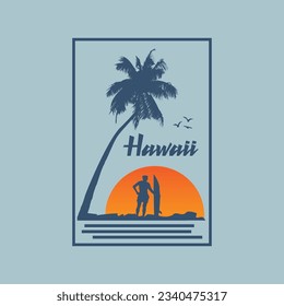 Vector illustration on the theme of surf and surfing in Hawaii. Typography, t-shirt graphics, print, poster, banner, flyer, postcard