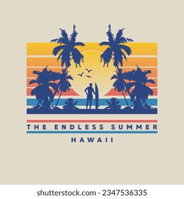 Vector illustration on the theme of surf and surfing in Hawaii. Vintage design. Sport typography, t-shirt graphics, print, poster, banner, flyer, postcard