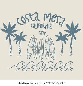 Ilustración vectorial sobre el tema del surf y el surf en Hawaii. Diseño de época. Tipografía, gráficos de camisetas