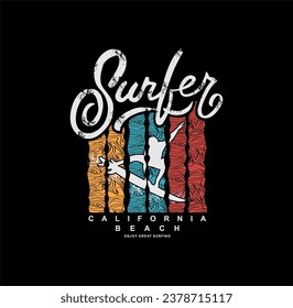 Vector illustration on the theme of surf and surfing in los angeles. Vintage design. Typography, t-shirt graphics, poster, banner, flyer, print, postcard