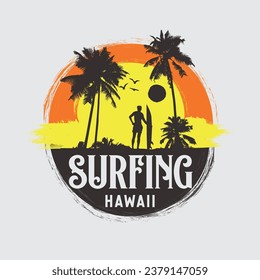 Vector illustration on the theme of surf rider and surfing Hawaii. Stump typography, t-shirt graphics, print, poster, banner, flyer, postcard