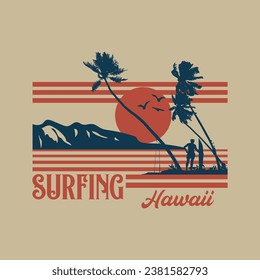 Vector illustration on the theme of surf and surfing in Hawaii. Vintage design. Sport typography, t-shirt graphics, print, poster, banner, flyer, postcard