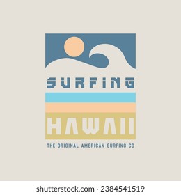 Vector illustration on the theme of surf and surfing in Hawaii. Vintage design. Sport typography, t-shirt graphics, print, poster, banner, flyer, postcard