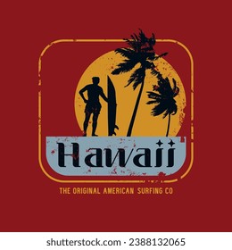 Vector illustration on the theme of surf and surfing in Hawaii. Vintage design. Grunge background.  Sport typography, t-shirt graphics, print, poster, banner, flyer, postcard