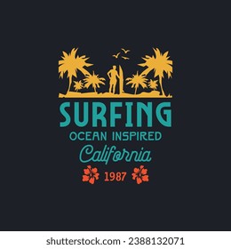 Vector illustration on the theme of surf and surfing in California. Sport typography, t-shirt graphics, print, poster, banner, flyer, postcard