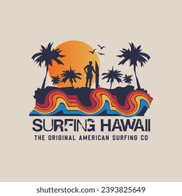Ilustración vectorial sobre el tema del surf y el surf en Hawaii. Diseño de época. Tipografía deportiva, gráficos para camisetas, impresión, afiche, pancarta, volante, postal