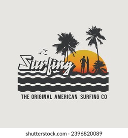 Vector illustration on the theme of surf and surfing in Hawaii. Vintage design. Sport typography, t-shirt graphics, print, poster, banner, flyer, postcard