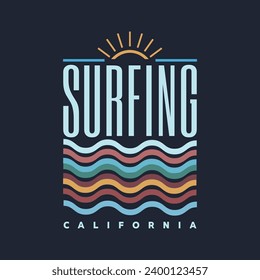 Vektorgrafik zum Thema Surfen und Surfen in Kalifornien. Sporttypografie, T-Shirt-Grafik, Druck, Poster, Banner, Flyer, Postkarte