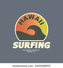 Vector illustration on the theme of surf and surfing in Hawaii. Sport typography, t-shirt graphics, print, poster, banner, flyer, postcard