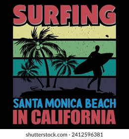 Vector illustration on the theme of surf and surfing in California, Santa Monica beach. Grunge background. Vintage design. Typography, t-shirt graphics, print, poster, banner, flyer, postcard