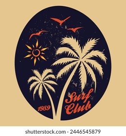 Vector illustration on the theme of surf club.  Typography, t-shirt graphics, print, poster, banner, flyer, postcard