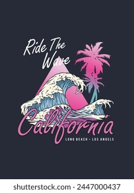 Ilustración vectorial sobre el tema del surf y surf en California, Venice beach. Tipografía, gráficos de camiseta, impresión, póster, Anuncio, volante, postal