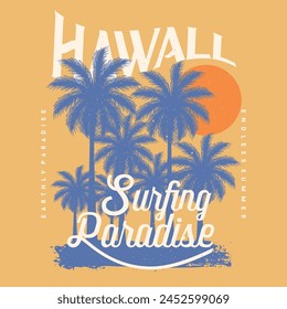 Vector illustration on the theme of surf and surfing in Hawaii, Sunset Beach, North Shore Oahu. Vintage design. Grunge background. Typography, t-shirt graphics, print, poster, banner, flyer, postcard