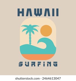 Vector illustration on the theme of surf and surfing in Hawaii. Vintage design. Sport typography, t-shirt graphics, print, poster, banner, flyer, postcard