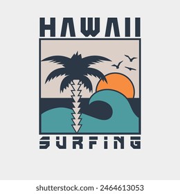 Vector illustration on the theme of surf and surfing in Hawaii. Vintage design. Sport typography, t-shirt graphics, print, poster, banner, flyer, postcard