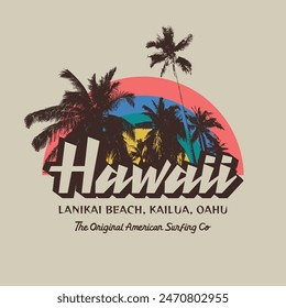 Vector illustration on the theme of surf and surfing in Hawaii. Vintage design. Sport typography, t-shirt graphics, print, poster, banner, flyer, postcard