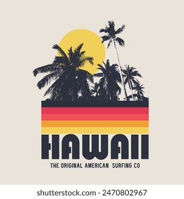 Vector illustration on the theme of surf and surfing in Hawaii. Vintage design. Sport typography, t-shirt graphics, print, poster, banner, flyer, postcard