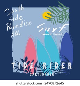 Ilustración vectorial sobre el surf y el surf en California. Diseño de Antiguas. Fondo grunge. Tipografía, gráficos de camiseta, impresión, póster, Anuncio,