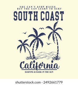 Vector illustration on the theme of surf and surfing in california. Vintage design. Typography, t-shirt graphics