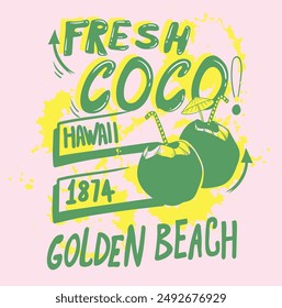 Vector illustration on the theme of surf and surfing in Hawaii. Vintage design. Typography, t-shirt graphics