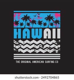 Vector illustration on the theme of surf and surfing in Hawaii. Vintage design. Sport typography, t-shirt graphics, print, poster, banner, flyer, postcard