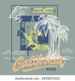 Vector illustration on the theme of surf and surfing in California, Venice beach. Typography, t-shirt graphics, print, poster, banner, flyer, postcard