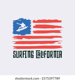 Vector illustration on the theme of surf rider and surfing in California. American flag. Vintage design. Grunge background. Typography, t-shirt graphics, print, poster, banner, flyer, postcard