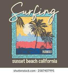 Vector illustration on the theme of surf and surfing in California, Malibu beach. Typography, t-shirt graphics, poster, banner, flyer, postcard