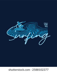 Vector illustration on the theme of surf and surfing in California. Vintage design. Typography, t-shirt graphics