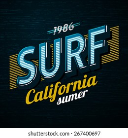 Vector illustration on the theme of the surf, surfing in California. illustration in retro style on wood texture. emblem, logo, printing on clothing