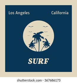 Vector illustration on the theme of surf and surfing in Los Angeles, California. Typography, t-shirt graphics, poster, banner, flyer, postcard