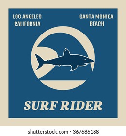 Vector illustration on the theme of surf and surfing in Santa Monica beach, California. Surf rider. Typography, t-shirt graphics, poster, banner, flyer, postcard