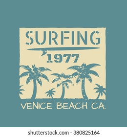 Vector illustration on the theme of surf and surfing in California.  Vintage design. Grunge background. Typography, t-shirt graphics, poster, banner, flyer, postcard
