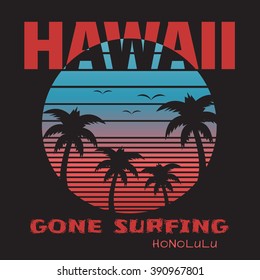 Vector illustration on the theme of surf and surfing in Hawaii, Honolulu.  Typography, t-shirt graphics, poster, banner, flyer, postcard