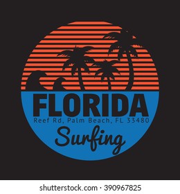 Vector illustration on the theme of surf and surfing in Florida, Palm Beach. Typography, t-shirt graphics, poster, banner, flyer, postcard