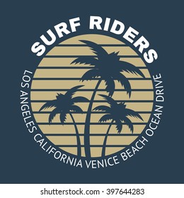 Vector illustration on the theme of surf and surfing in California, Venice beach. Slogan: surf riders. Typography, t-shirt graphics, poster, banner, flyer, print, postcard