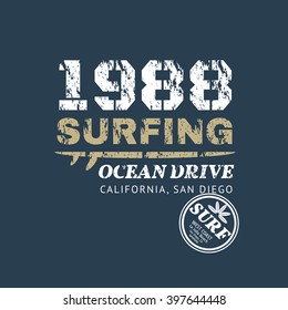 Vector illustration on the theme of surf and surfing in California, San Diego.  Slogan: ocean drive.  Vintage design. Grunge background. Typography, t-shirt graphics, poster, banner, flyer, postcard