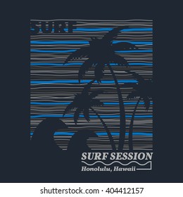 Vector illustration on the theme of surf and surfing in Hawaii, Honolulu.  Typography, t-shirt graphics, poster, banner, flyer, postcard