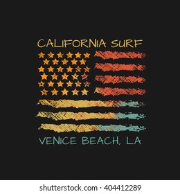 Vector illustration on the theme of surf and surfing in Venice beach, California.  Stylized American flag. Grunge background. Typography, t-shirt graphics, poster, print, banner, flyer, postcard