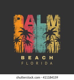 Vector illustration on the theme of surf and surfing of Florida, Palm Beach. Grunge background.  Typography, t-shirt graphics, poster, banner, flyer, postcard