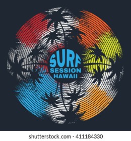 Vector illustration on the theme of surf and surfing in Hawaii.  Stylization of a vinyl record. Grunge design. Typography, t-shirt graphics, poster, banner, print, flyer, postcard