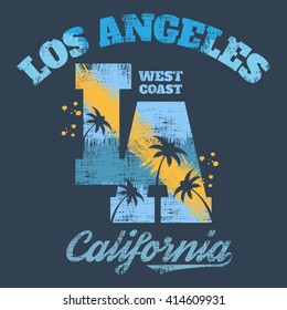 Vector illustration on the theme of surf and surfing in Los Angeles City, California.  Grunge design. Typography, t-shirt graphics, poster, banner, print, flyer, postcard