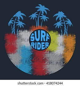 Vector illustration on the theme of surf rider and surfing. Stylization of a vinyl record. Grunge background. Typography, t-shirt graphics, poster, print, banner, flyer, postcard


